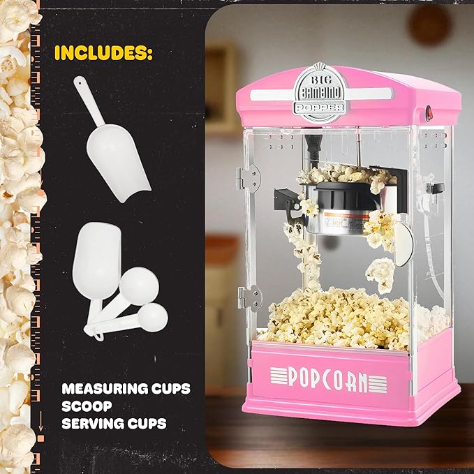 Big Bambino Popcorn Machine - Old-Fashioned Popcorn Maker with 4-Oz Kettle, Measuring Cups, Scoop, and Serving Cups by Great Northern Popcorn (Pink)