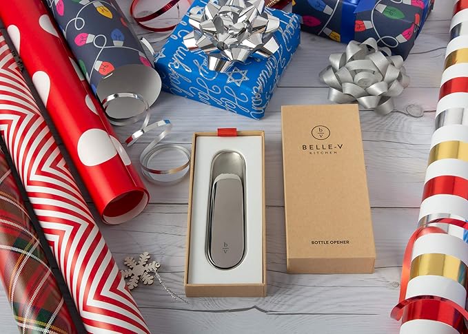 Belle-V Kitchen's Unique Ergonomic & Crafted, Hand Polished Bottle Opener w/ Limited Edition Gift Box, Silver