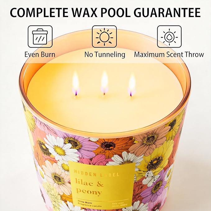 Lilac & Peony Scented Candle, 30oz Large 3 Wick Soy Candle for Home, 100 Hours Long Burning Highly Scented Candles, Luxury Glass Jar Candle, Gifts for Women, Mother's Day, Home Decor