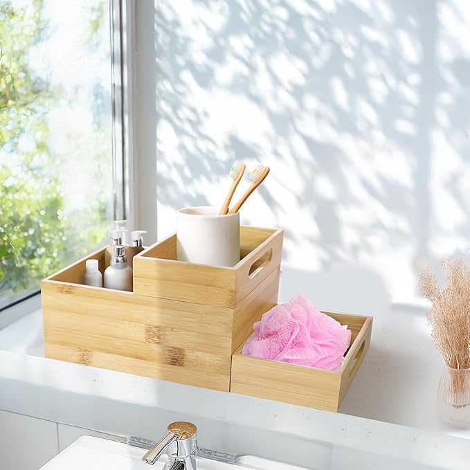 HOMESTEAD 3-Piece Stackable Bamboo Storage Box, Office Desk Organizer, Wooden Boxes for Makeup Drawer Organizer Bathroom, Office Supplies, Kitchen Utensils, Bamboo Storage Containers, Jewelry Tray