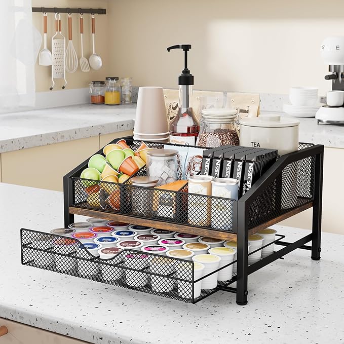 Homsorout Coffee Bar Organizer - Coffee Station for Countertop, Metal and Wood K Cup holder Storage Basket with Drawer for Syrup, Cups, Stirrer, Condiment, Tea Organizer, Brown