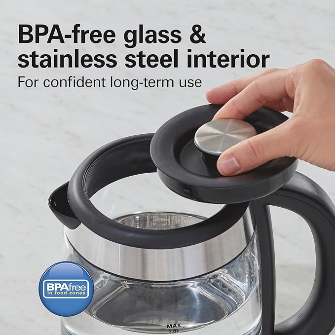 Hamilton Beach Electric Tea Kettle, Water Boiler & Heater, 1.8 Liter, Cordless Serving, 1500 Watts for Fast Boiling, Auto-Shutoff and Boil-Dry Protection, Easy-View Glass (40853C)