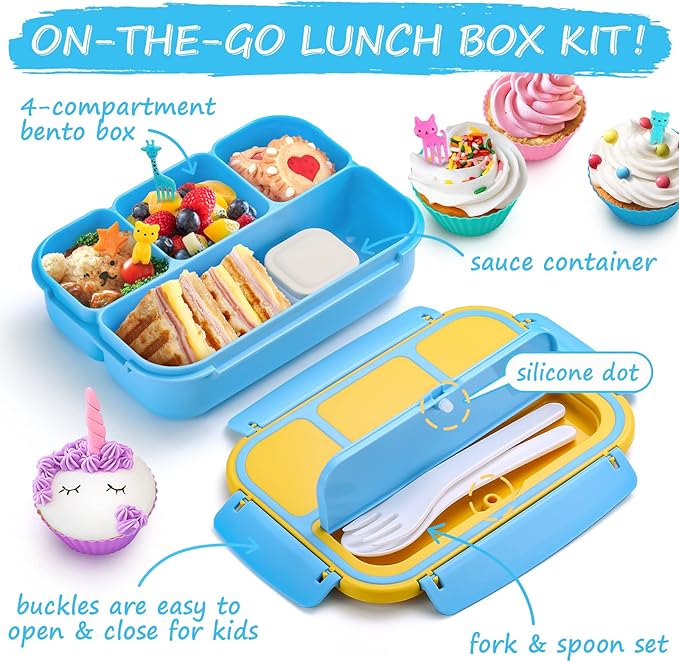 QQKO Bento Lunch Box for Kids Girls Boys, Toddler Kids Lunch Boxes for School, Lunch Containers for Adults with 4 Compartments, Sauce Container, Utensils, Food Picks and Muffin Cups, Blue