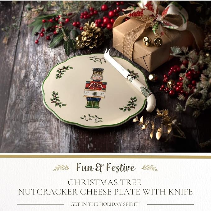 Spode Christmas Tree Nutcracker Cheese Platter with Knife - 9" Porcelain Holiday Serving Tray for Charcuterie - Dishwasher & Microwave Safe - Classic Christmas Tableware for Serving Festive Dishes