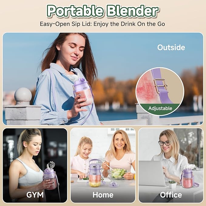 Portable Blender, Prasky Personal Blenders for Shakes and Smoothies with 27oz Cup, Lid and Shoulder Strap, Type-C USB Rechargeable, Personal Size Blenders BPA-free for Travel/Kitchen (Purple)