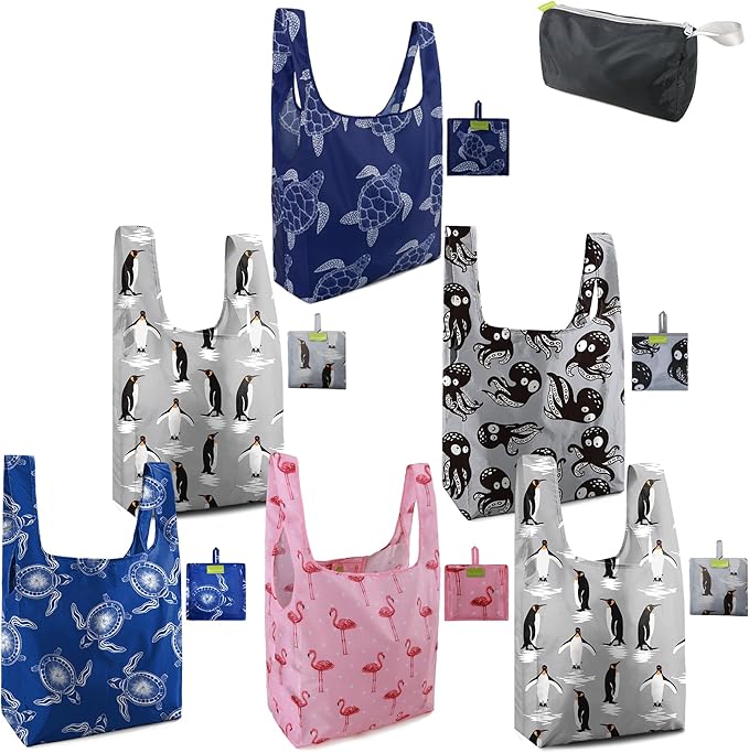 BeeGreen Animals Reusable Grocery Bags Turtle Peguins Flamingo Octopus Reusable Kitchen Bags Bulk Foldable-Machine Washable with Zipper Storage Pouch 6 Packs