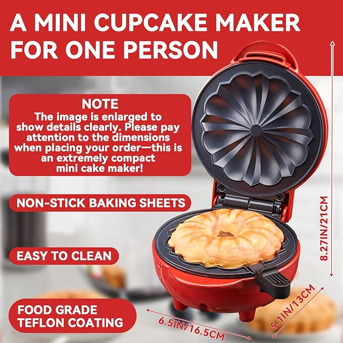 Mini Cake Maker, Portable Mini Bundt Cake Maker Double-Sided Heating, electric cupcake makers for Breakfast, Cake, Snacks (Red)