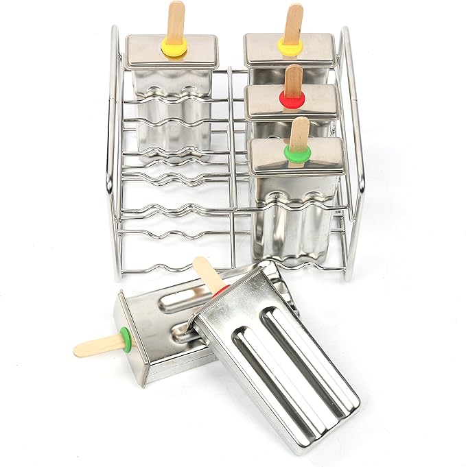Set of 6 Stainless Steel Popsicle Mold and Rack Set - Homemade Ice Treat Makerwith 50 Wooden Sticks and 6 Silicone Seals and Bonus Cleaning Brush