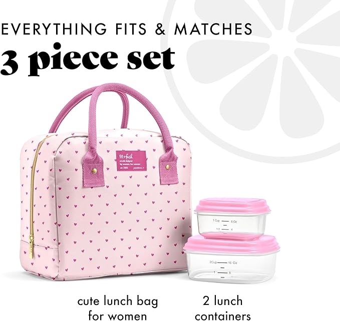 Fit & Fresh Bloomington Lunch Bag for Women - Insulated Large Lunch Box for Work with Containers, Leak-Resistant, Stain-Resistant, Zipper Closure, Tiny Pink Hearts