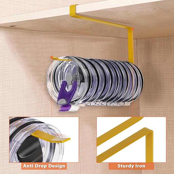 2 Pack Tumbler Lid Organizer, Horizontal Tumbler Lid Storage Hook to Hold Up 20 Lids, Space Saving Cup Lid Holders Under Cabinet Tumbler Lid Hook for Kitchen Organizer, Paper Towel Rack Hanger (Gold)
