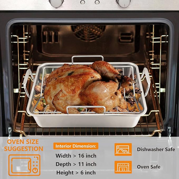 LIANYU 14 Inch Roasting Pan, Turkey Roaster with 2 Racks, Heavy Duty Stainless Steel Deep Broiling Lasagna Pan for Turkey, Chicken, Dishwasher Safe