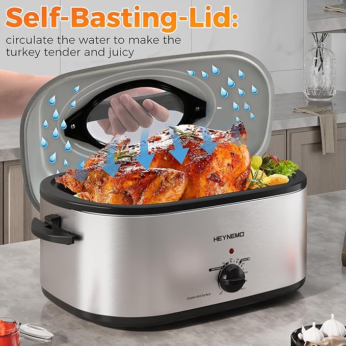 HEYNEMO Turkey Roaster Electric, 24 Quart Oven with Self-Basting Lid, Removable Pan and Rack, Adjustable Temperature Control Powerful 1450W Stainless Steel Oven, Silver