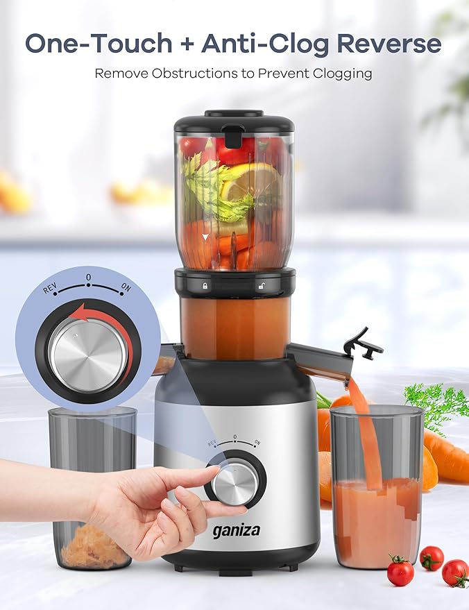Ganiza Cold Press Juicer, 4.3" Compact Space-Saving Design Juicer Machine with 3 Replaceable Filters, One-Touch & Ultra-Quiet Operation, BPA-Free Easy to Clean, Silver