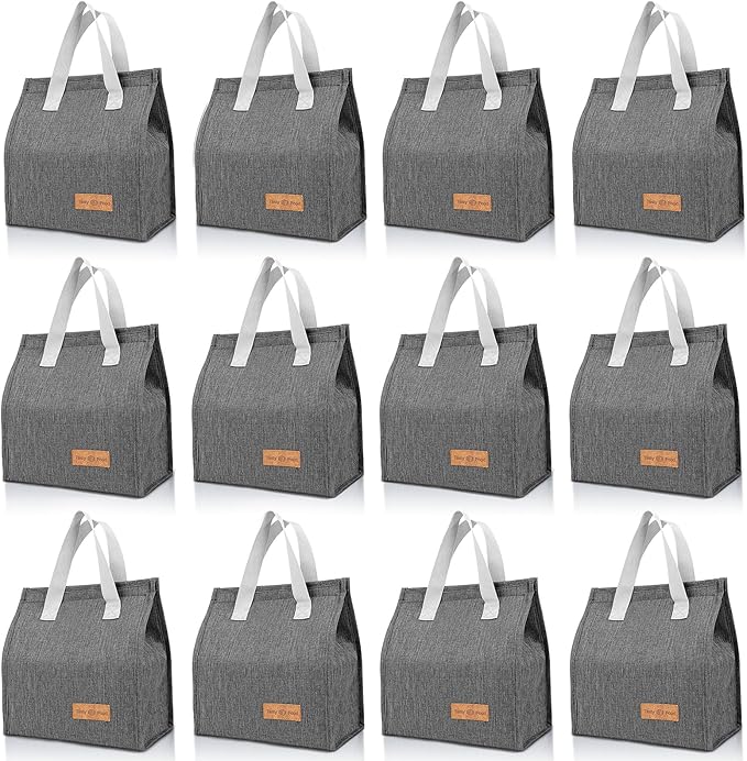 VZZNN 12 Pack Lunch Bags Bulk,Insulated Reusable Lunch Bags with Aluminum for Women Men,Leakproof Tote Large Lunch Box for Office,Work,Beach or Travel(Grey)