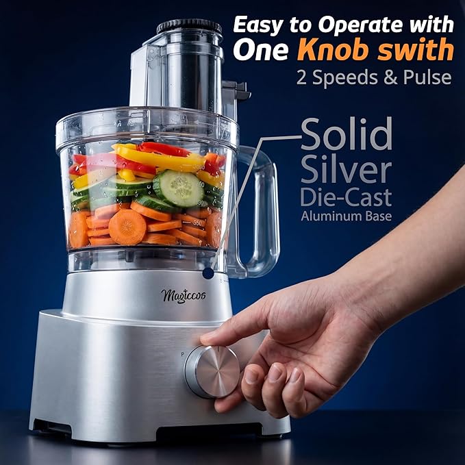 14-Cup Aluminum-Diecast Food-Processor - XL Bowl, Large Chute, 800W Motor & Silver Die-Cast Base, Slicing & Shredding, Chopping & Mixing, For Fries, Cheese, Meat & Veggie Prep, For Home Use