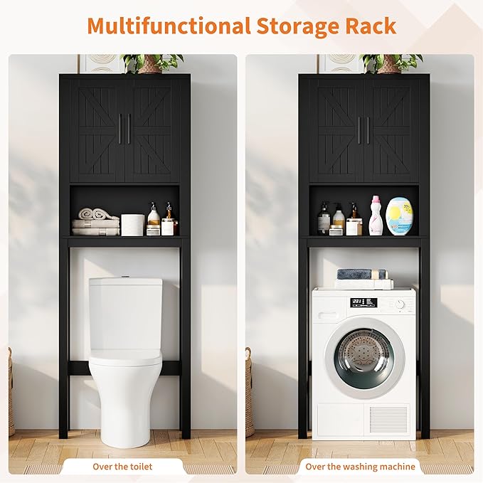 IDEALHOUSE 23.6 Inches Wide Toilet Rack with Over The Toilet Storage Cabinet, Bathroom Shelf Organizer with Anti-Tip Device, Small Freestanding Space Saver with Adjustable Shelf (Black 23.6" W)