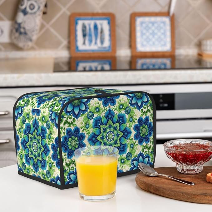 Green Blue Batik Toaster Cover 2 Slice, Cute Rural Bread Machine Cover, Washable Dust-Proof Cover for Kitchen Small Appliance Cover,with Top Handle