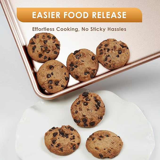 Baking Sheet Pan Set of 3, Commercial Cookie Sheets for Baking, Nonstick Half/Quarter/Jelly Roll Pans Replacement Toaster Oven Tray, Heavy Duty & Easy Clean, Rose Gold