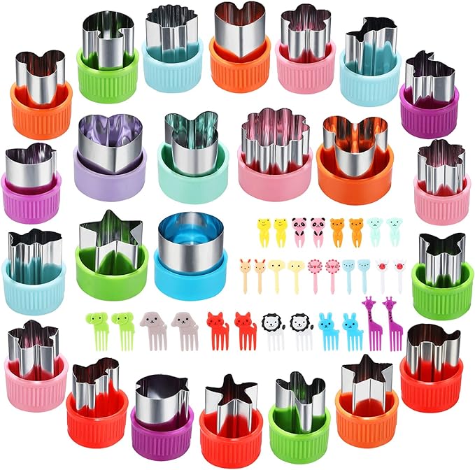 Vegetable Cutter Shapes Set, 24pcs, Mini Cookie Cutters Set Fruit Cookie Pastry Stamps Mold with 30pcs Food Picks and Forks -for Kids Baking and Food Supplement Tool Accessories