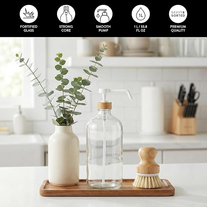 SAVVY & SORTED Glass Dish Soap Dispenser for Kitchen Sink 1 Liter, Hand Soap Dispenser for Bathroom, Refillable Clear Glass Bottles with White Bamboo Pump for Liquid Hand Wash, 34 Fl Oz