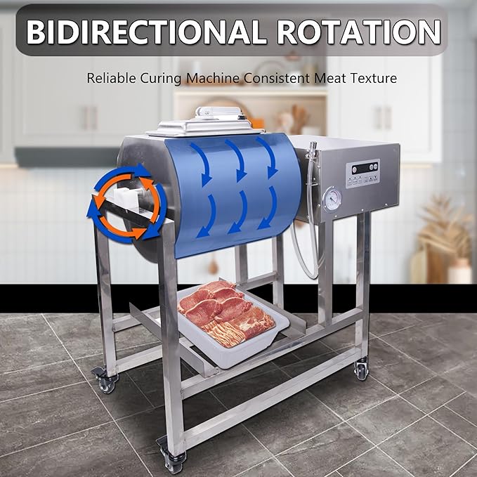 Hakka Commercial Meat Tumbler 90lb/45 liters - Vacuum Curing Machine for Jerky, Sausage, Bacon & More - Stainless Steel Food-Grade Tumbling Marinator w/Bidirectional Rotation & Speed Control