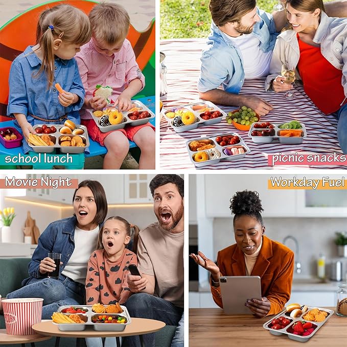 Stainless Steel Snack Containers with Lids - 3 Pack - Large 4-Compartments Bento Snack Boxes - Meal Prep Lunch Containers for Kids Adults - Divided Food Storage Container for School Home Travel