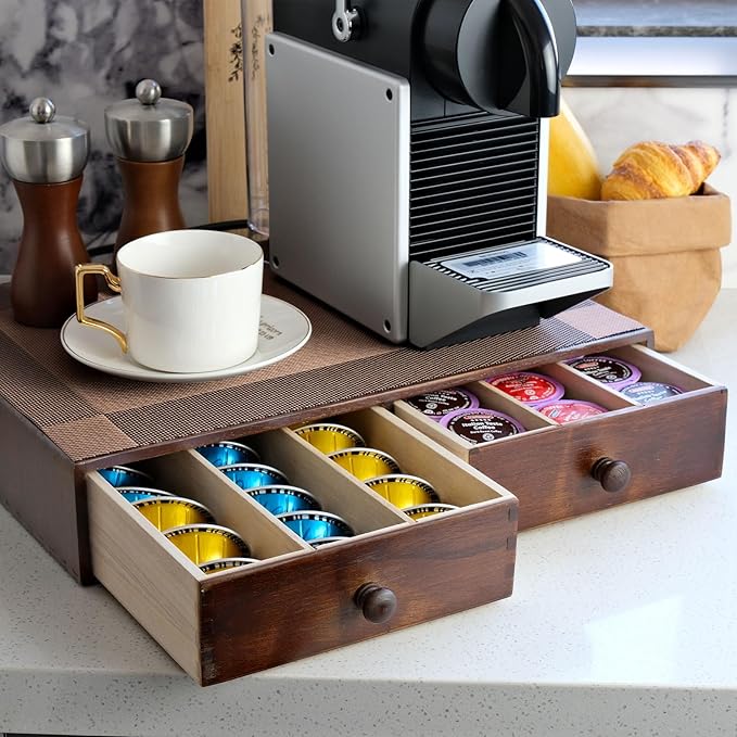 MonBel Wooden K Cup Organizer Coffee Pod Storage Box, Coffee Pods and Tea Organizer Holder, K Pod Drawer Coffee Maker Machine Stand, Kcup Drawer Organizer, 30 Pod Capacity