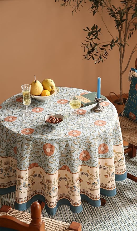 patdrea Designer French Linen Blue Round Table Cloth,Vintage Floral Tablecloth,Colorful Decoration Fall Table Cover Kitchen Dining for Tea Party,Thanksgiving,Christmas,Diameter 67"-Wensel