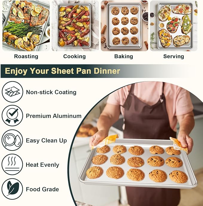 Wildone Baking Sheet with Rack Set (2 Pans + 2 Racks), Natural Aluminum Commercial Quality Cookie Sheet with Cooling Rack, Nonstick Baking Pan, Warp Resistant & Heavy Duty, Half Sheet Size