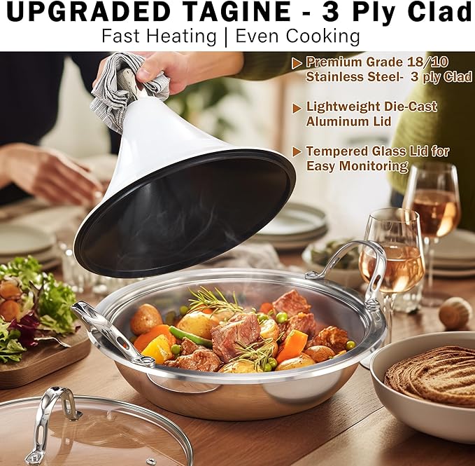 Cooks Standard Moroccan Tagine Pot 3.6 Qt, 11 Inch Multi-Ply Clad Stainless Steel Pan with Dual Handles, Clay Pot Alternative for Slow Cooking, with Conical Die-Cast Aluminum & Glass Lid, White