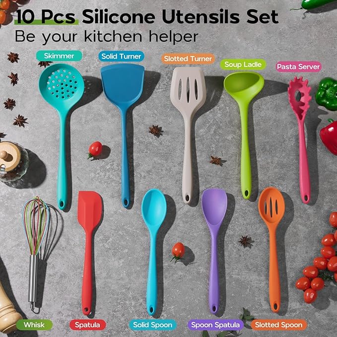 Onader Silicone Kitchen Utensils, Non Toxic Cooking Utensils Set for Nonstick Cookware, Kitchen Gadgets Tools Set of 10 - Colorful