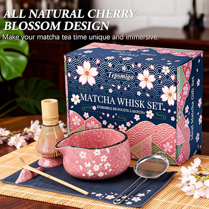 Matcha Whisk Set, 7 PCS Ceramic Matcha Sets with Bowl, Bamboo Whisk and Holder, Towel, Sifter, Bamboo Scoop, Scoop Rest, Christmas Gifts for Tea Lovers, Birthdays New Year Gifts for Women Mom