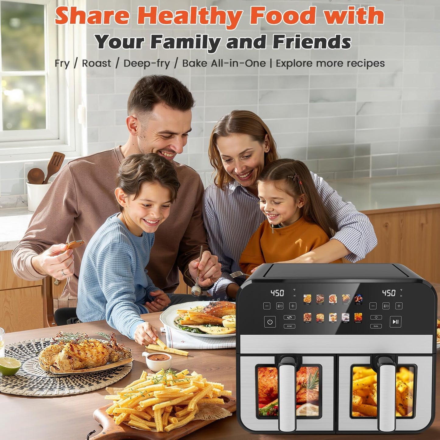 10QT Dual Basket Air Fryer, 12-in-1 Digital Air Fryer Oven with Visible Windows, 5QT x 2 Drawers, One-Touch LED Panel, Sync Finish, Dehydrate, Defrost, Roast, Bake, Reheat, Nonstick & Dishwasher Safe