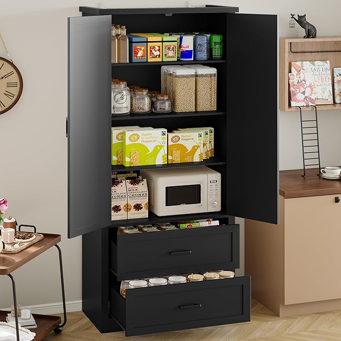 Pantry Organizers and Storage Cabinet, 71” Barn Door White Kitchen Cabinet with Drawers and Adjustable Shelf, Tall Pantry for Kitchen, Dining Room, Living Room. Bathroom and Office