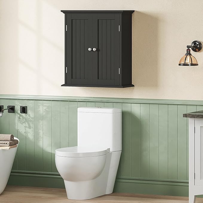 ChooChoo Bathroom Wall Cabinet, Over The Toilet Space Saver Storage Cabinet, Medicine Cabinet with 2 Door and Adjustable Shelves, Cupboard, Black