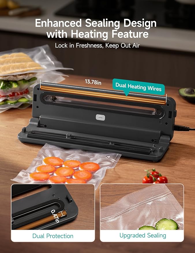 HiCOZY Compact Vacuum Sealer for Food, 5-in-1 Functions Vacuum Sealer with Double Heat Seal, Built-in Cutter, 10 BPA-Free Bags, Gray