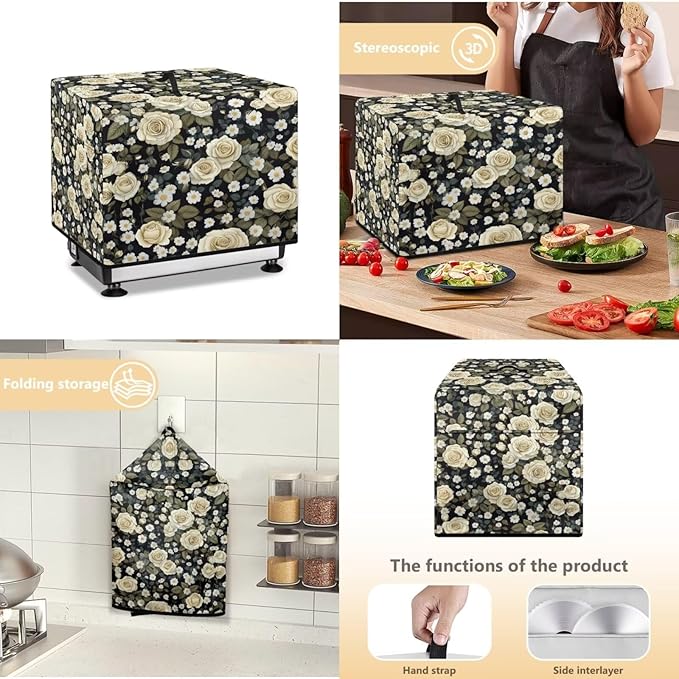 Vintage White Rose Print Meat Slicer Cover with Organizer Pocket, Dust-proof Slicer Machine for Home Food Slicer, Fit for Elite for Standard Meat Slicer, 16x13x13 Inch (Only Cover)