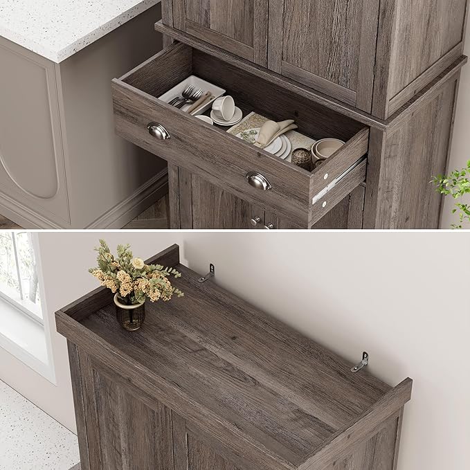 FOTOSOK 72" Kitchen Pantry Storage Cabinets with Drawer, Freestanding Cupboard with 4 Doors, Drawer, 4 Shelves, Utility Pantry Cabinet for Kitchen, Dining Room, Living Room, Ash Grey