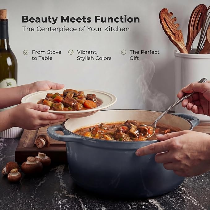Zulay Kitchen 7.7 Quart Enameled Cast Iron Dutch Oven Pot with Lid – Premium Durability & Oven Safe up to 500°F – Heavy Duty Cookware Perfect for Bread Baking, Stews, Braising & Roasting – Gray