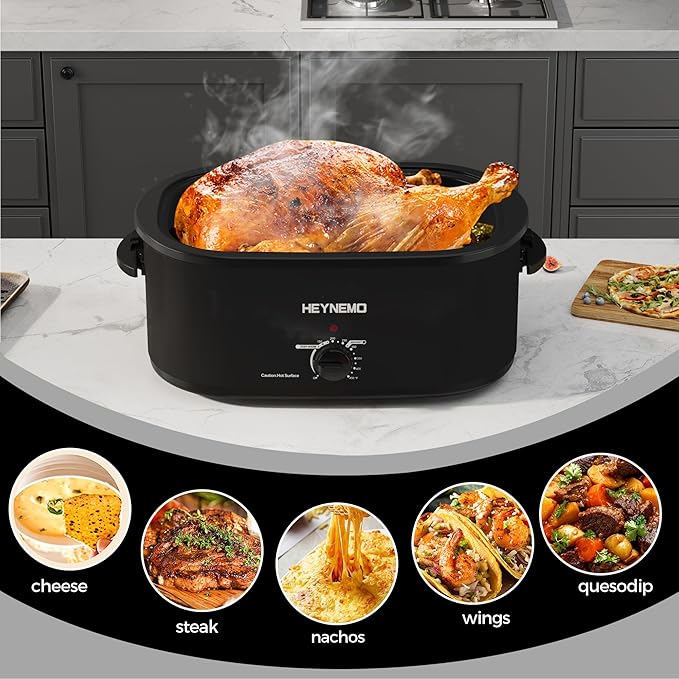 18Qt Roaster Oven Buffet with Self-Basting Lid, 1450W Stainless Steel Electric Turkey Roaster Oven with Cool-Touch Handles, Removable Pan and Rack, Black