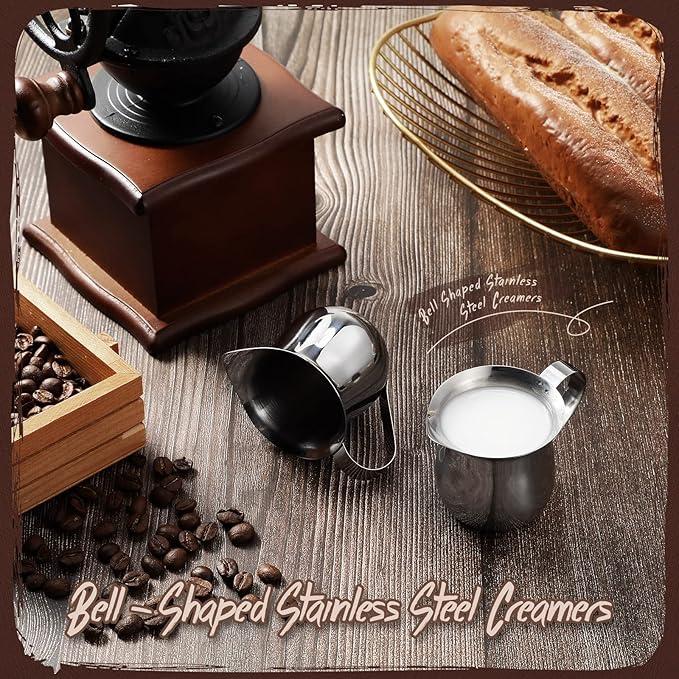 Potchen 12 Pack Stainless Steel Bell Creamers 3 Ounce Creamer Pitcher Mini Coffee Milk Pitchers with Handle and Pouring Spout Cups for Serving Espresso, Tea, Milk, Maple Syrup, Sauce