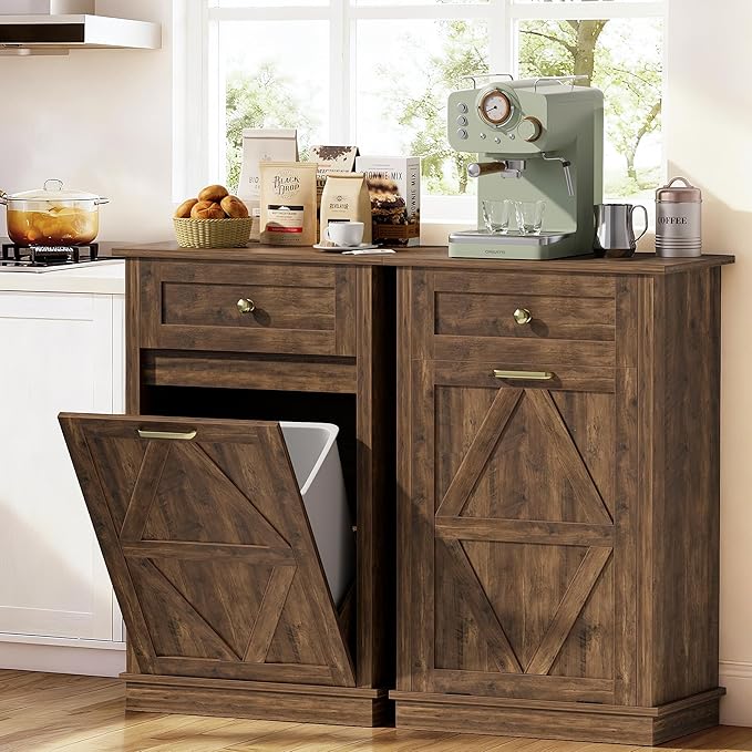 JUMMICO Tilt-Out Trash Can Cabinet, 10 Gallon Laundry Hamper Cabinets with Drawers, for Kitchen, Dining Room and Living Room (Brown, 2 Piece)