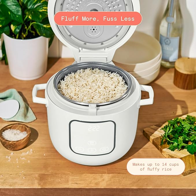 14 Cup Electric Rice Cooker, Programmable Grain Cooker with Automatic Keep Warm, Touch Display, Ceramic Nonstick Inner Pot and Steam Tray (White Icing)