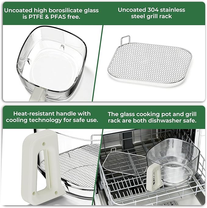 5 Quart Glass Air Fryer, Non Toxic & Uncoated High Borosilicate Glass Basket, Airfryer with Transparent Fry Bowl, 8 Preset Modes, PTFE/PFAS Free, BPA-Free, Dishwasher Safe, White