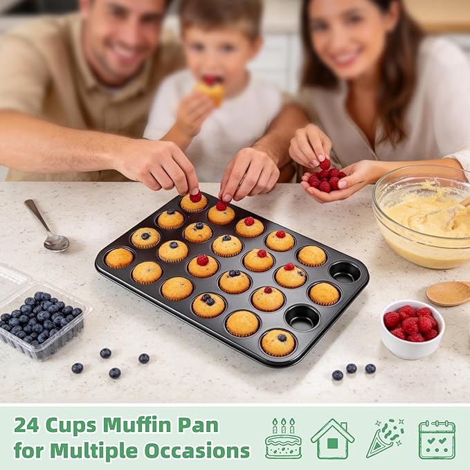 P&P CHEF 24-Cup Mini Muffin Pan Tin, Nonstick Carbon Steel Cupcake Pans, Versatile Bakeware Ideal for Mini Muffin Cupcake Egg Tart Pudding, Oven Safe & Even Bake, Healthy & Easy Clean, Black, 1Pc