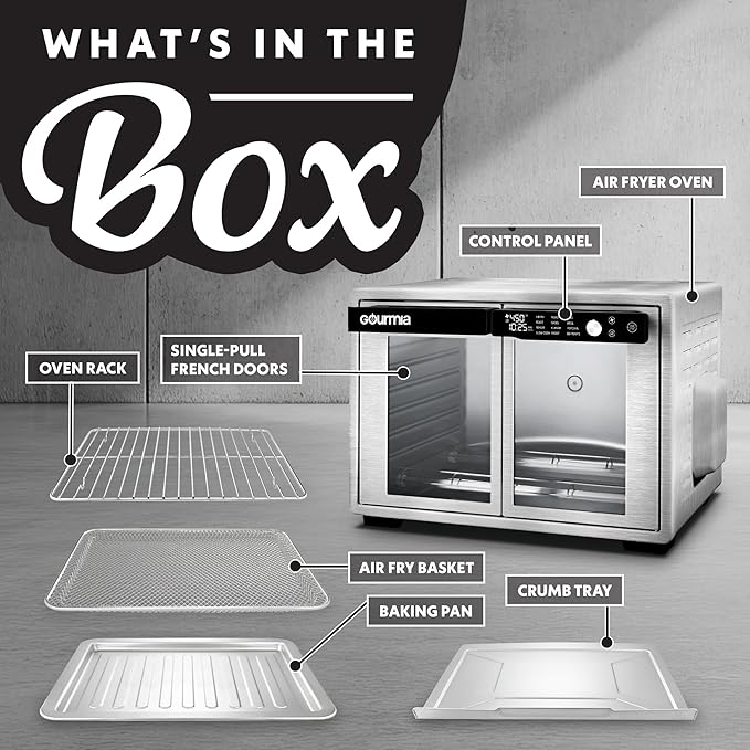 Gourmia French Door Air Fryer Oven - 37 Qt Large Capacity Convection Toaster Oven, FryForce 360°, Digital Display, 12 Cooking Presets, Dehydrate, Fits 13” Pizza, Dishwasher-Safe, Stainless Steel