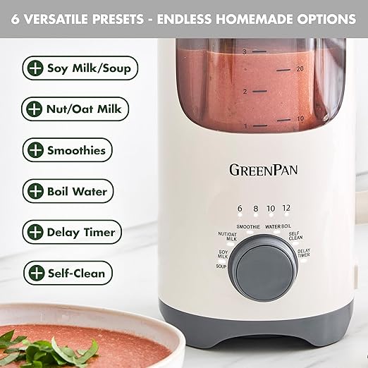GreenPan Nut Milk Maker, 15-in-1 Homemade Soy, Almond, Oat, Coconut, Non-Dairy, Rice, Soup, Baby Food, BPA-Free, Smooth Creamy Texture, Self Clean, Barista Quality Milk, Delay Start, Boil Water, Cream