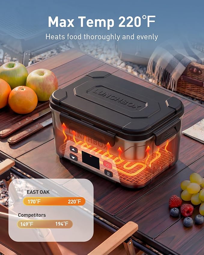 EAST OAK Heated Lunch Box for Men, 6.3 Cups Electric Lunch Box for Adults, 27000mAh Cordless Portable Food Warmer, Rechargeable Self Heating Food Heater with Memory Function & Automatic Keep Warm