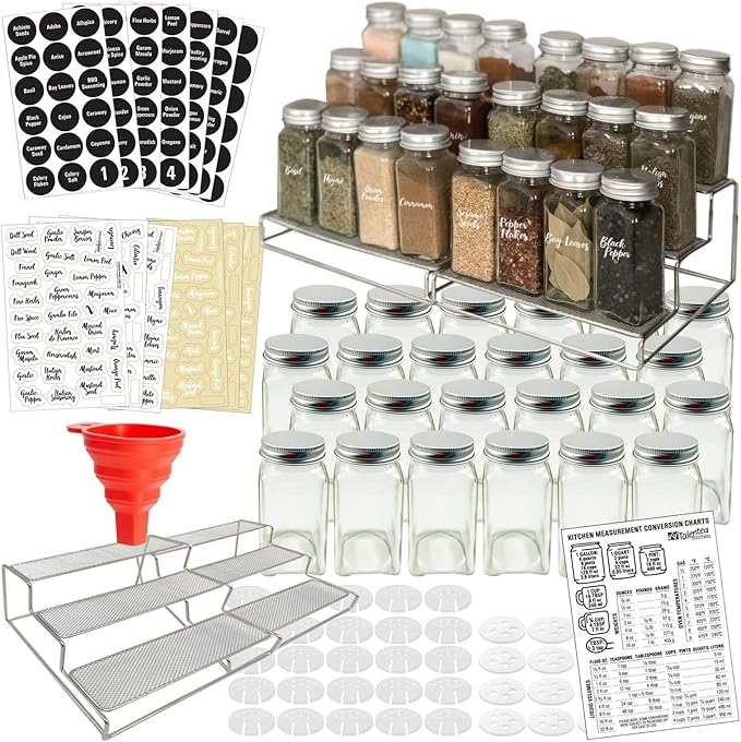Talented Kitchen 3-Tier Stainless Steel Spice Rack - 24 Square 4oz Glass Jars, Dual Chalkboard & Printed Labels - Cabinet & Countertop Spice & Seasoning Organizer - Kitchen Organizer
