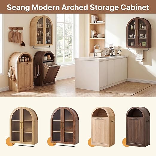 Arched Tilt-Out Trash Can Cabinet Set of 2,Laundry Hamper Cabinet with Foldable Laundry Basket,Wooden Hidden Garbage Can Cabinets with Metal Handle & Hooks,Walnut